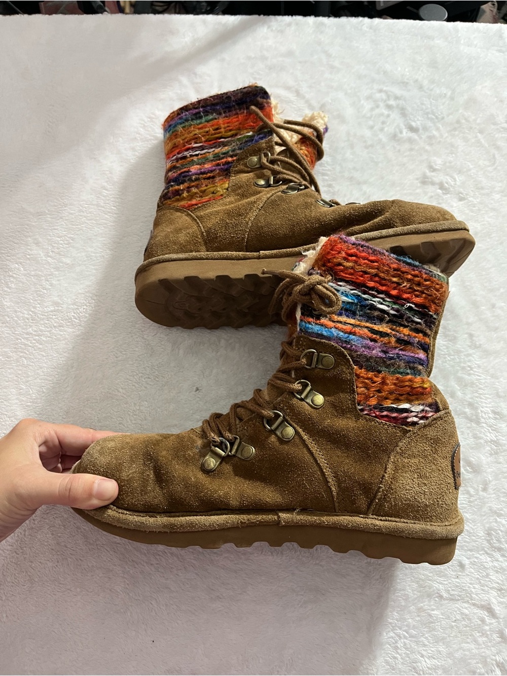 Bearpaw Maria Boots Suede Leather Wool Multicolor Knit Cuff 8 Warm Moccasin